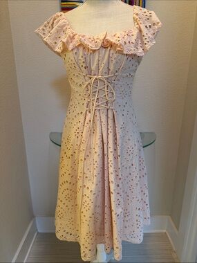 Astr Blush Eyelet Lace-Up Ruffle Midi Dress